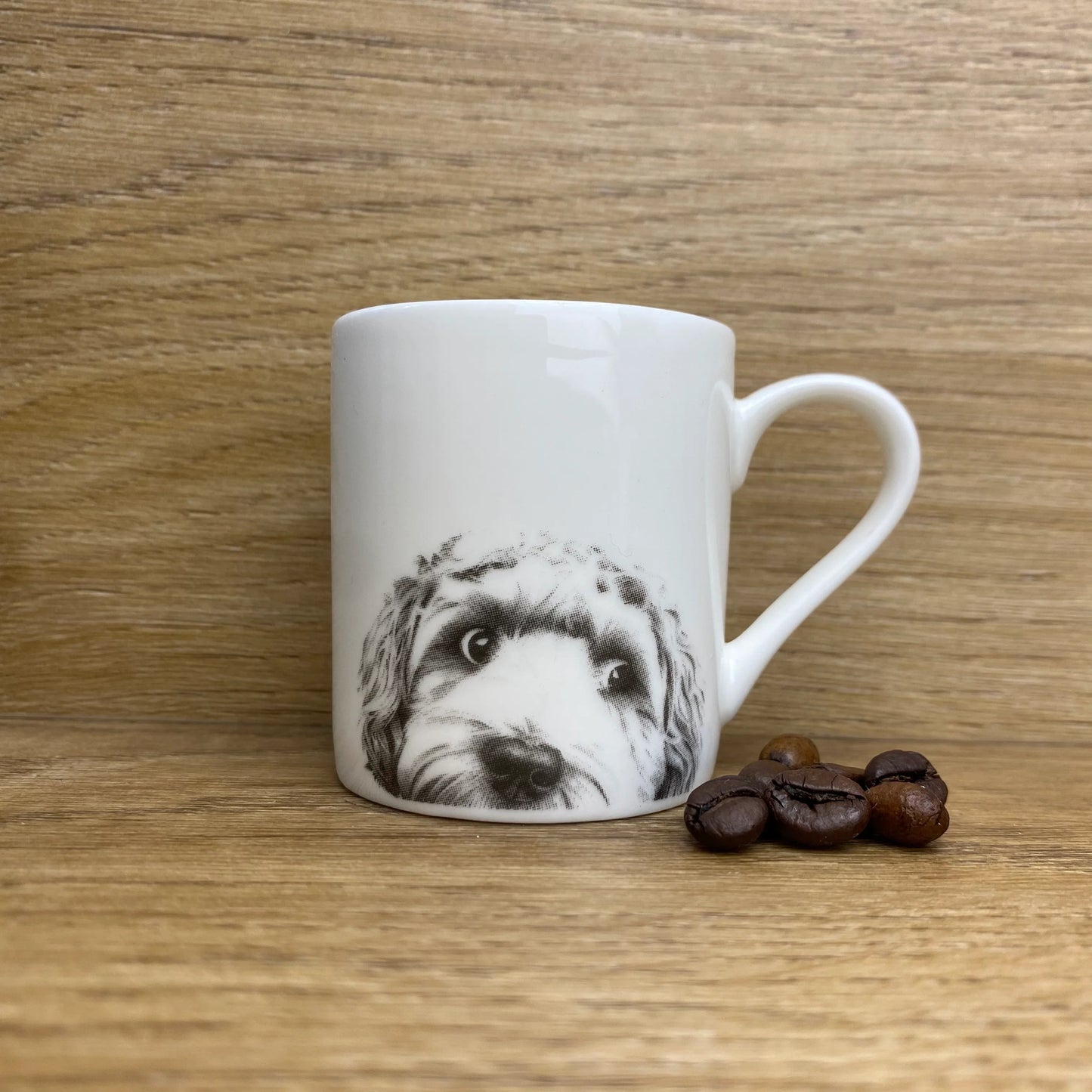White espresso mug with grey cockapoo illustration