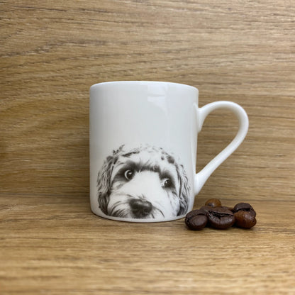White espresso mug with grey cockapoo illustration
