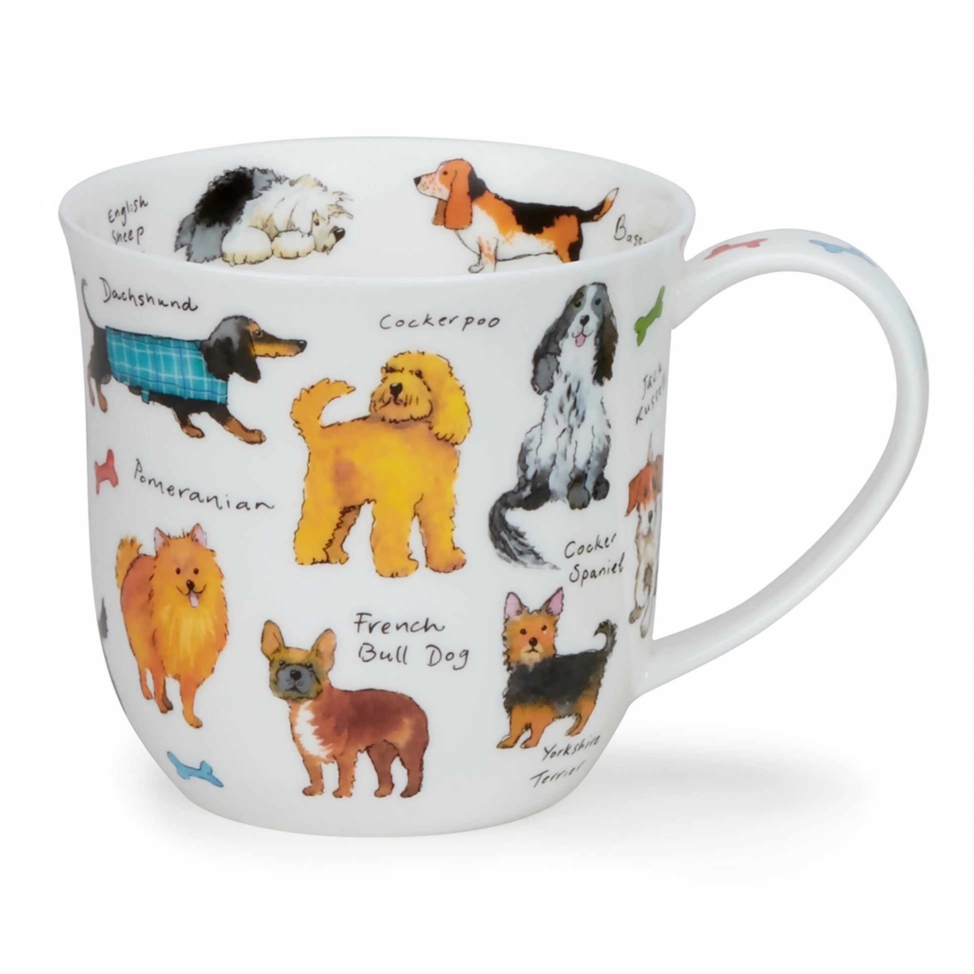 White ceramic mug decorated with illustrations of dogs