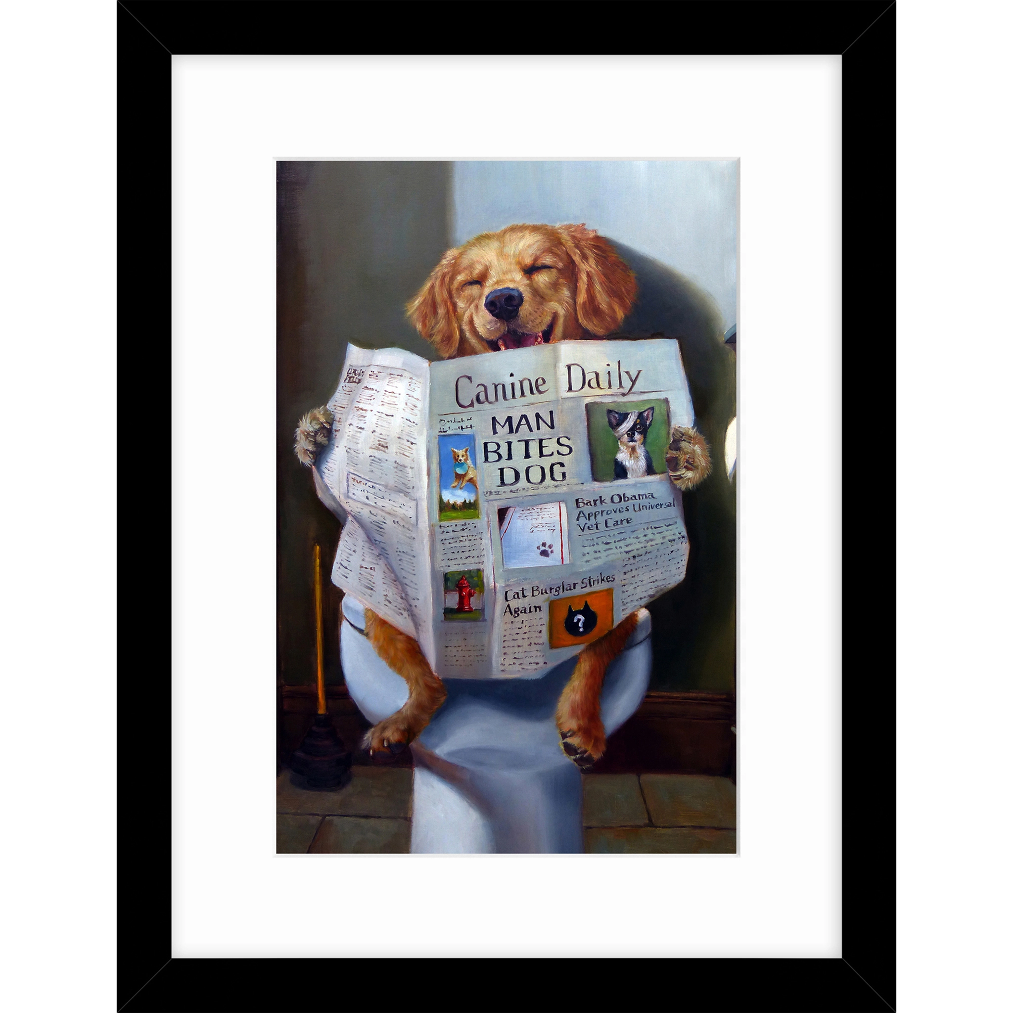 Framed print of a dog on the toilet reading a newspaper