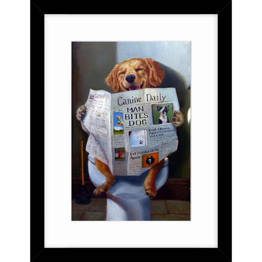 Framed print of a dog on the toilet reading a newspaper