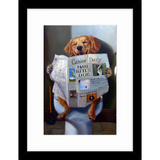 Framed print of a dog on the toilet reading a newspaper