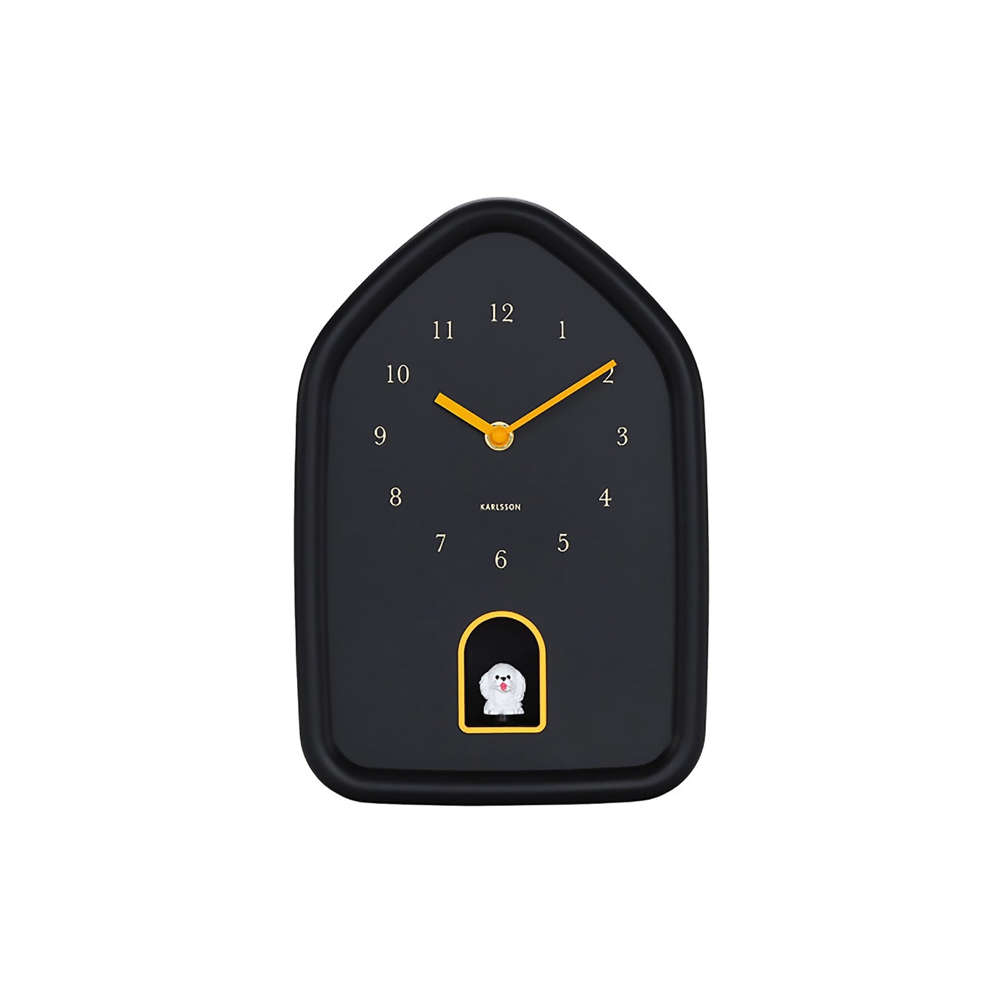 Black wall clock with yellow gold details and white dog cuckoo