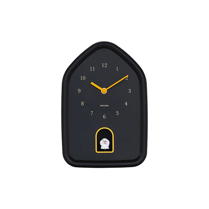 Black wall clock with yellow gold details and white dog cuckoo