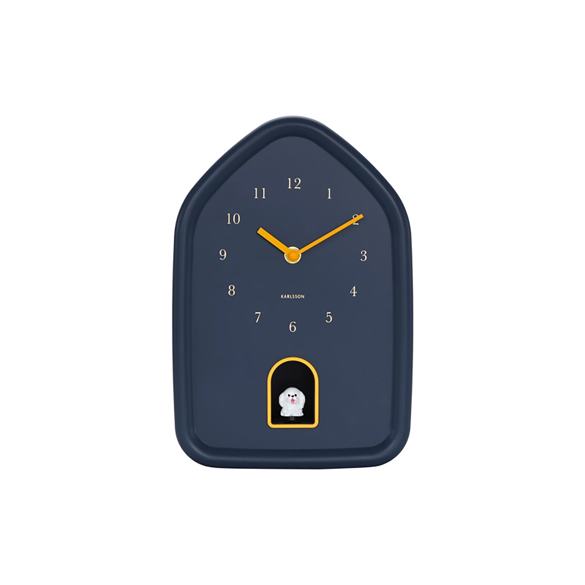 Blue wall clock with yellow gold details and white dog cuckoo