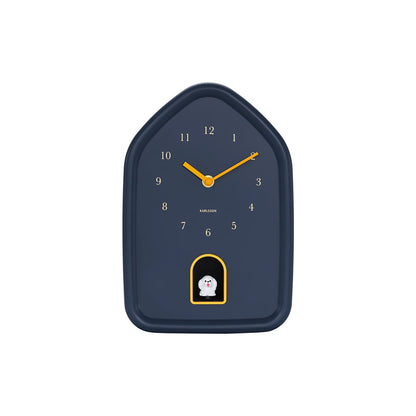 Blue wall clock with yellow gold details and white dog cuckoo