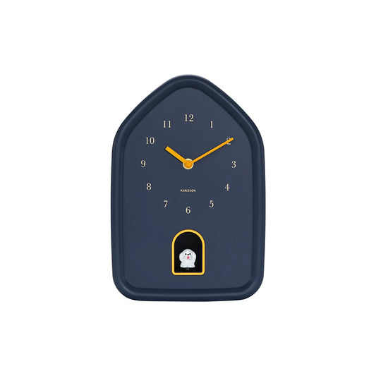 Blue wall clock with yellow gold details and white dog cuckoo