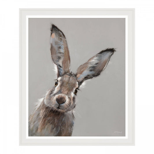 A framed print featuring a painting of a cheeky little hare