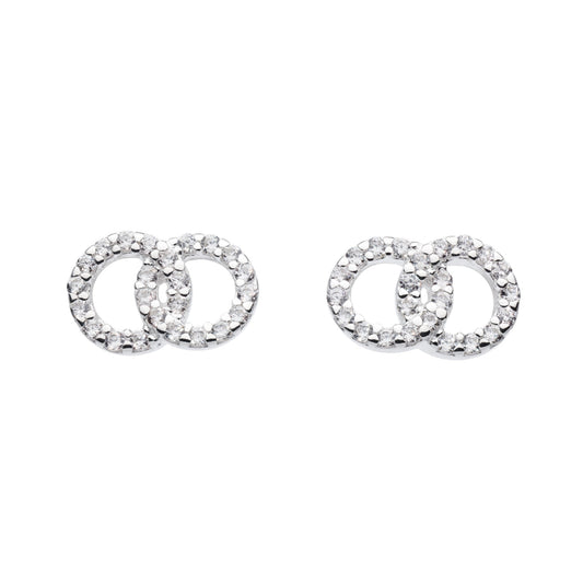 Silver stud earrings with double linked circles with CZ stones