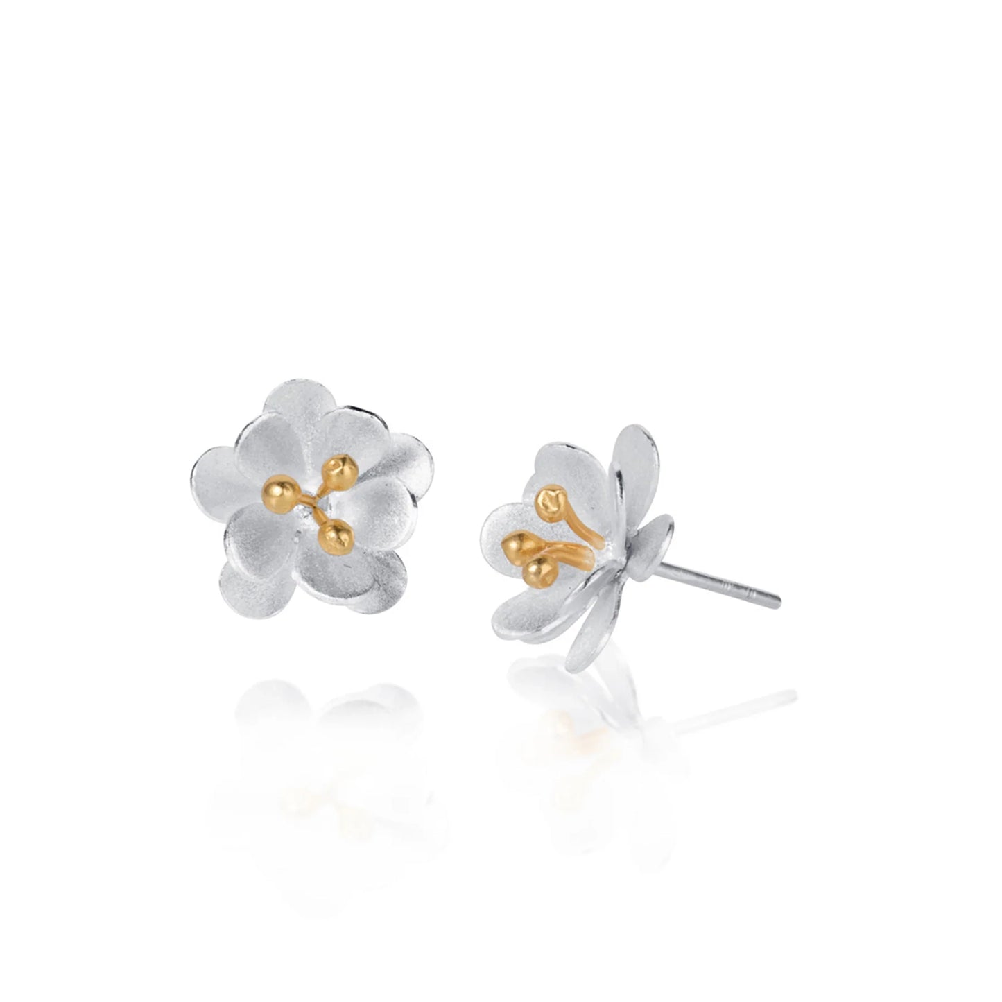 Satin finish silver stud earrings shaped like daisy flowers with gold centres
