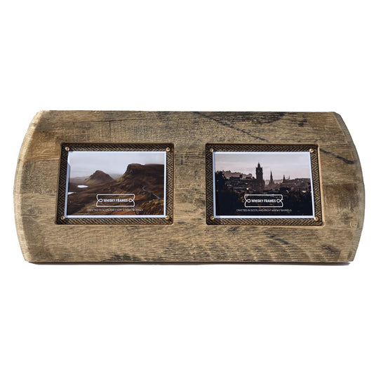 A frame made from a whisky barrel lid and Harris Tweed with two photo spaces