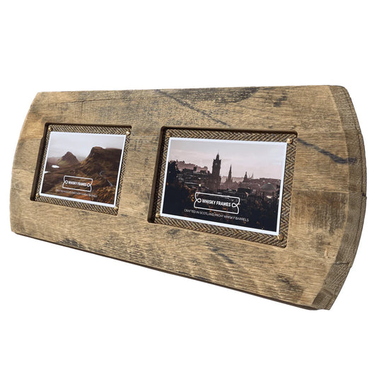 A frame made from a whisky barrel lid and Harris Tweed with two photo spaces - side