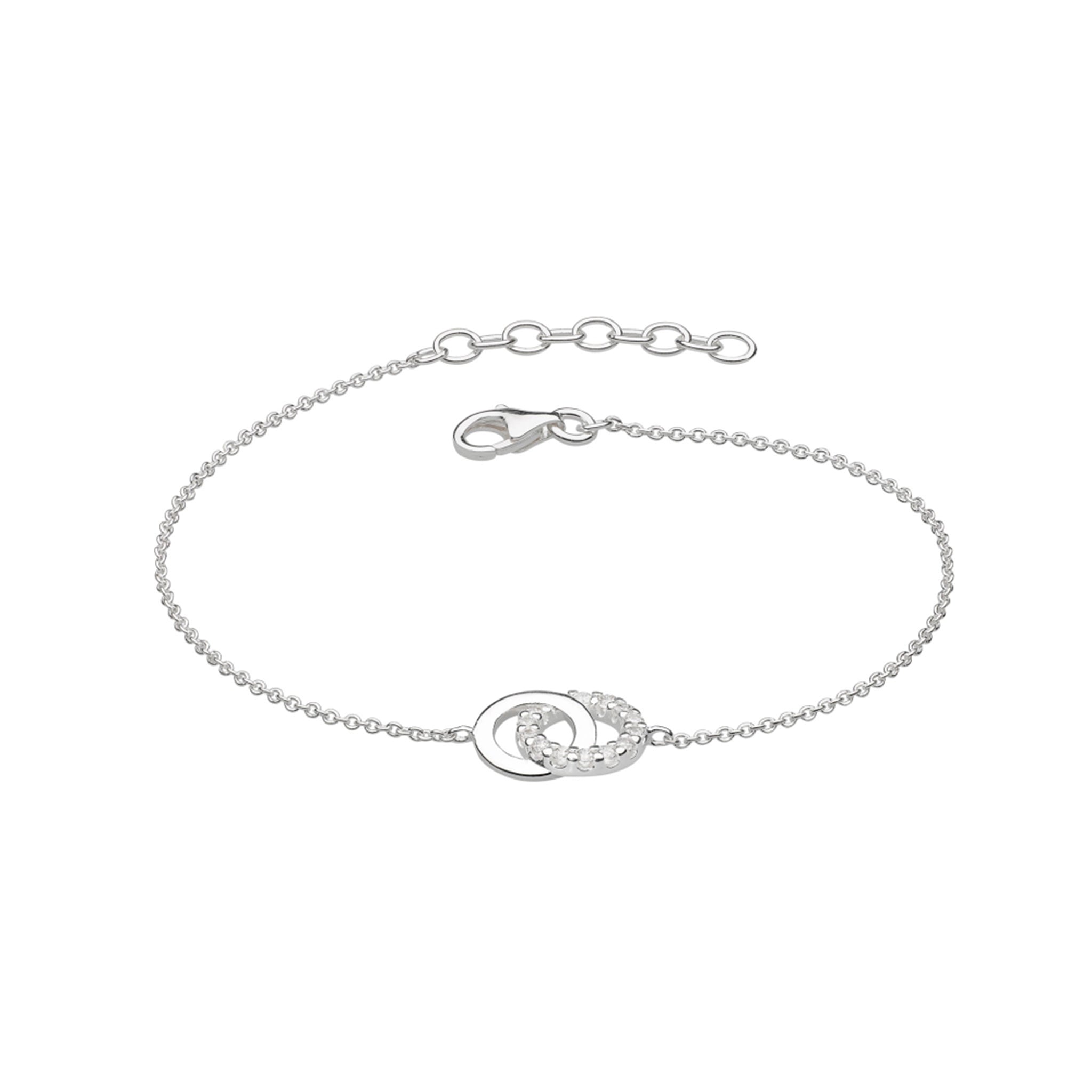 Bracelet with two linked open circles in polished silver and CZ stones