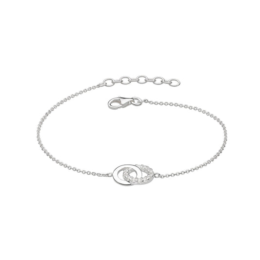 Bracelet with two linked open circles in polished silver and CZ stones