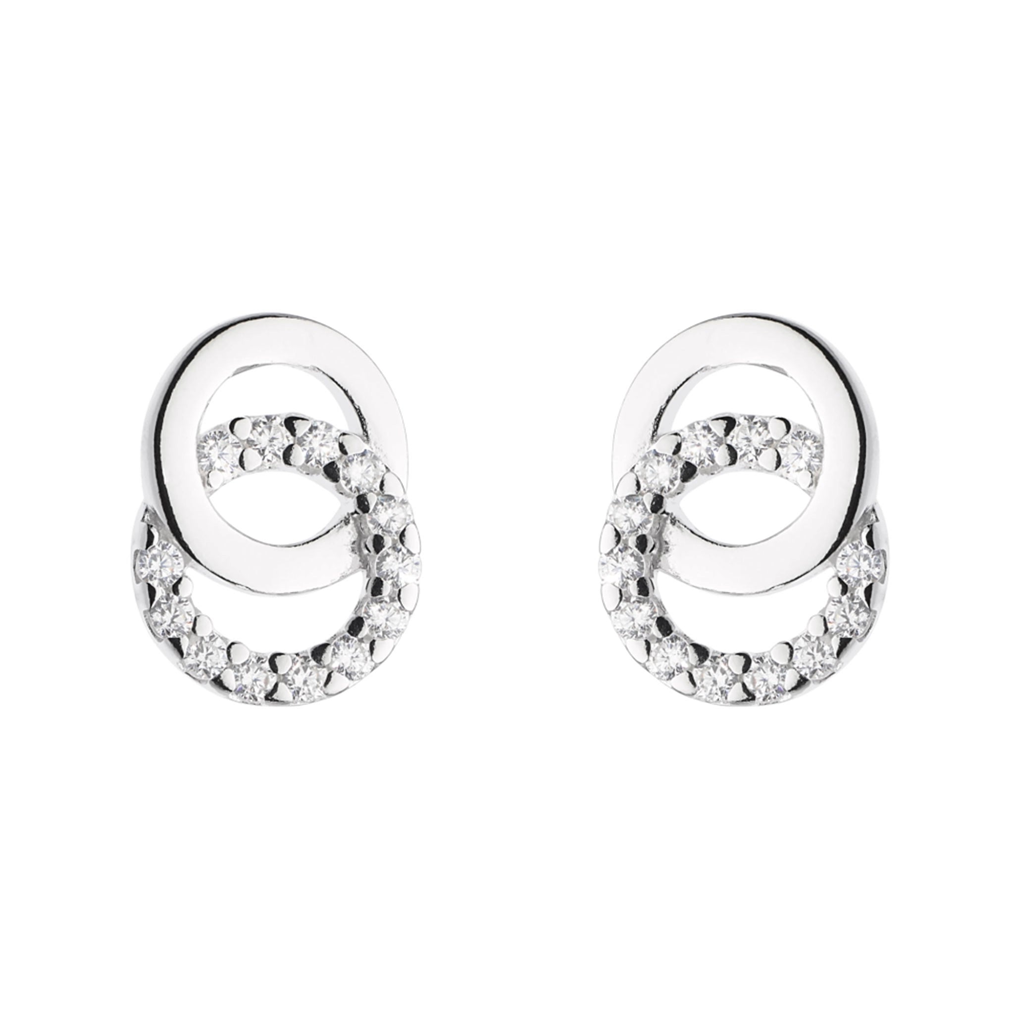 Stud earrings with two linked open circles in polished silver and CZ stones