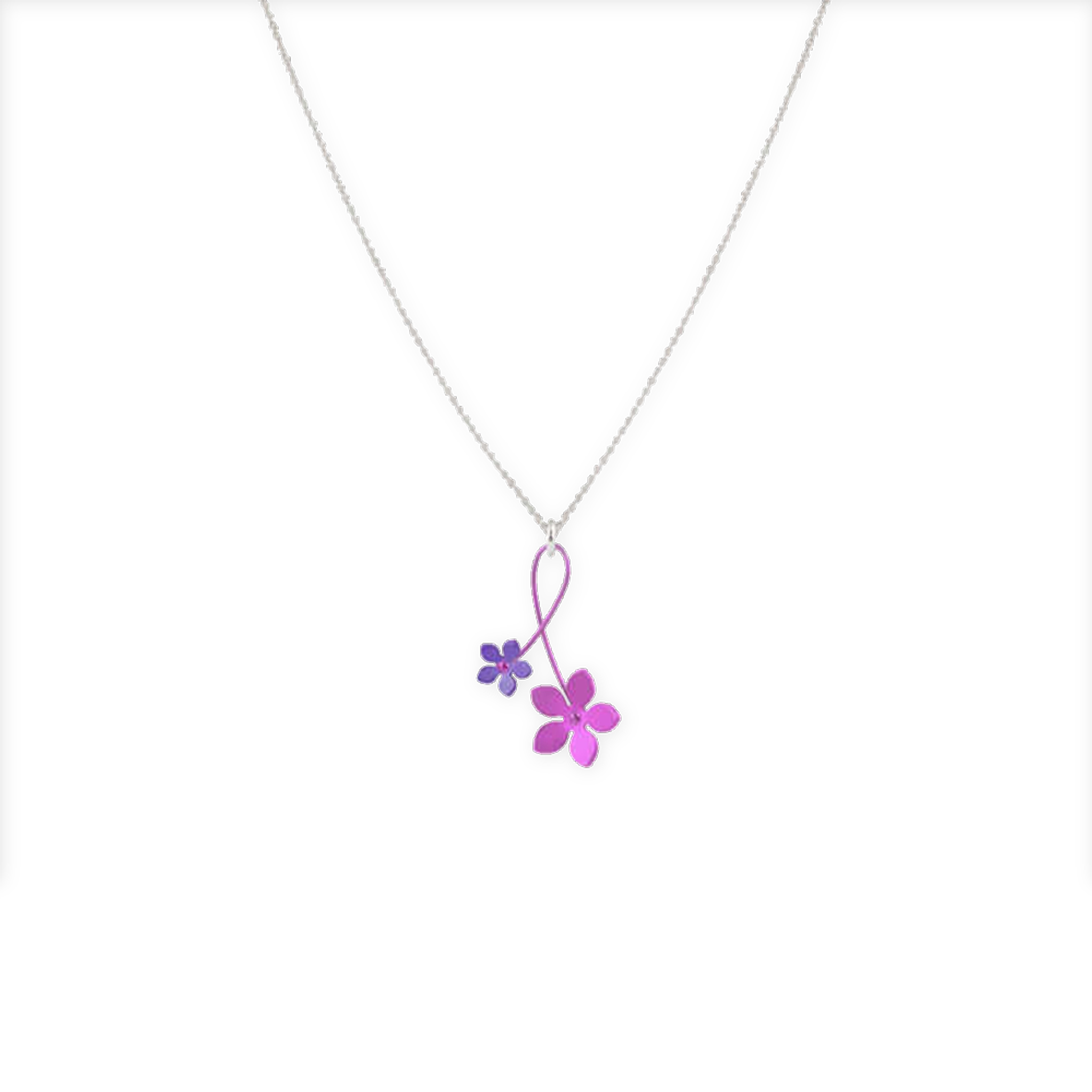 A pendant with two pink crossed over 5 petal flowers 