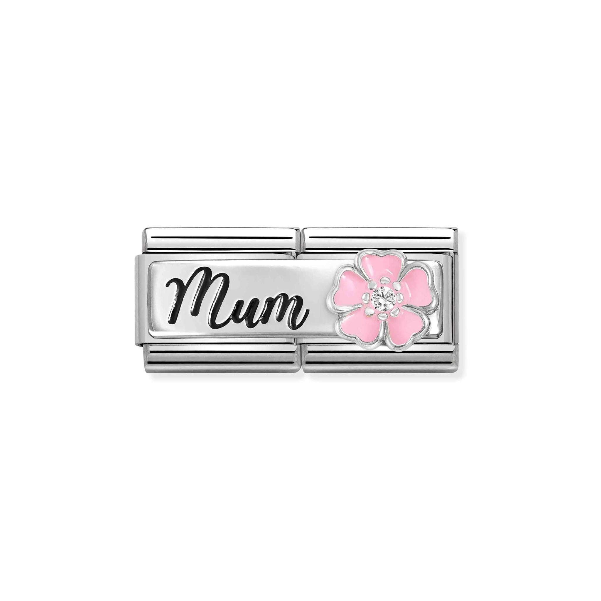 A double Nomination charm in silver featuring the word 'mum' and a pink enamel flower
