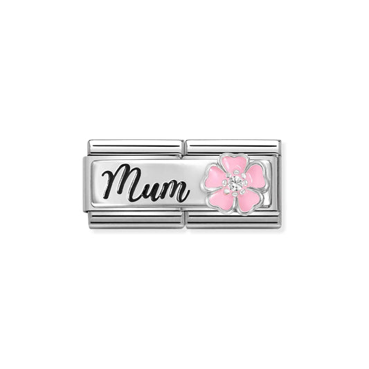 A double Nomination charm in silver featuring the word 'mum' and a pink enamel flower