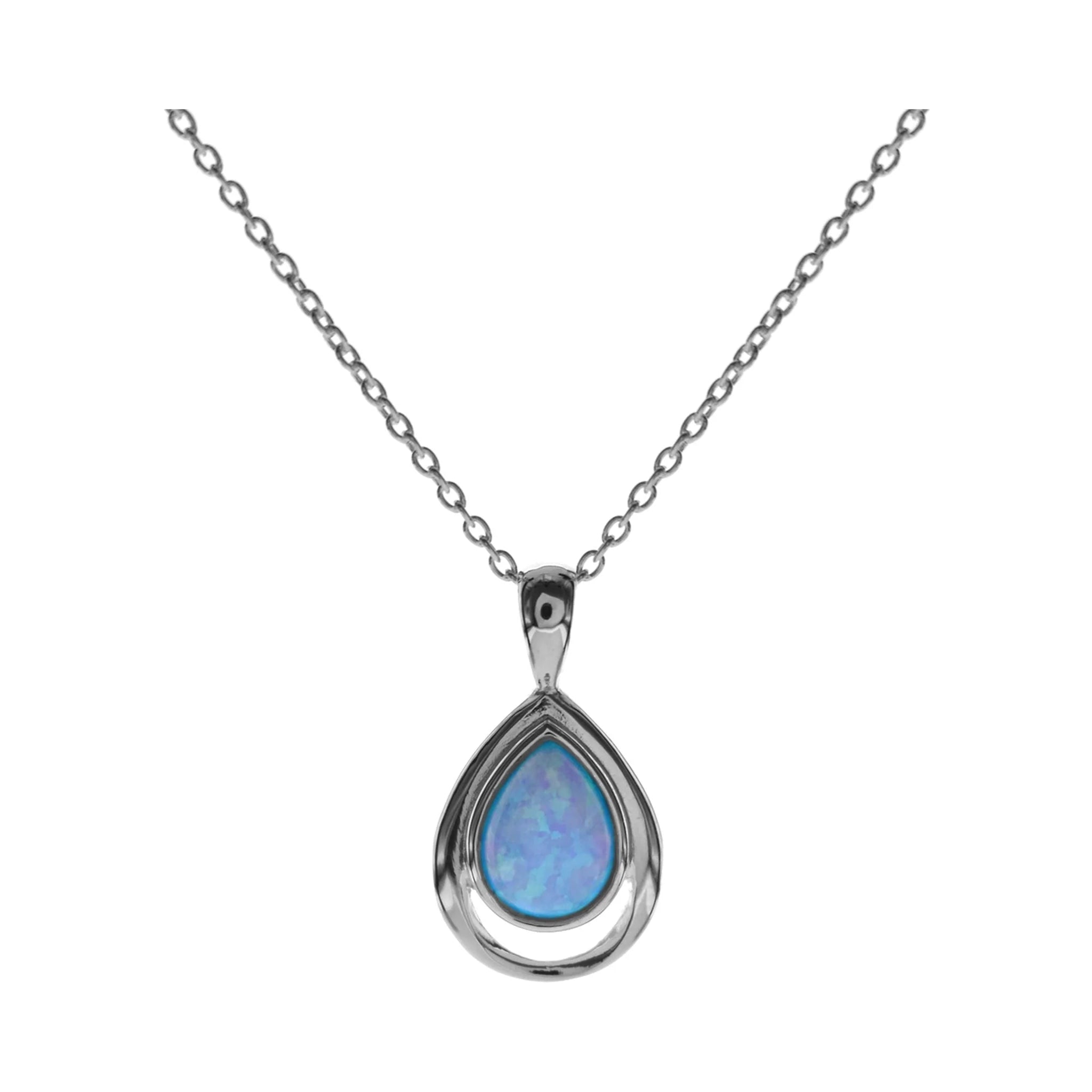 A teardrop pendant featuring a blue synthetic opal teardrop stone