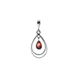 A double teardrop silver pendant with faceted teardrop garnet stone