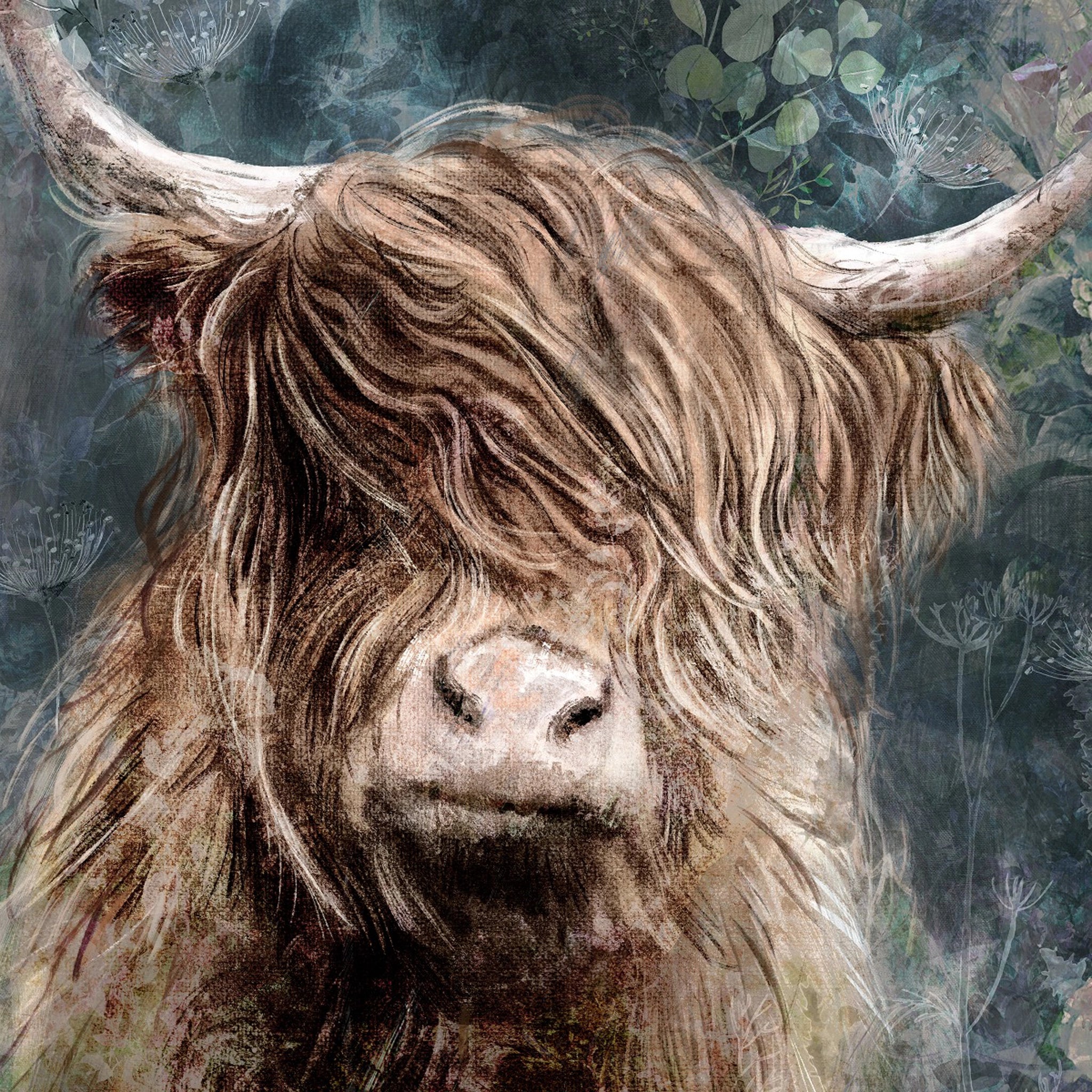Close-up detail of print of a red Highland cow with an impressionist blue background of foliage.