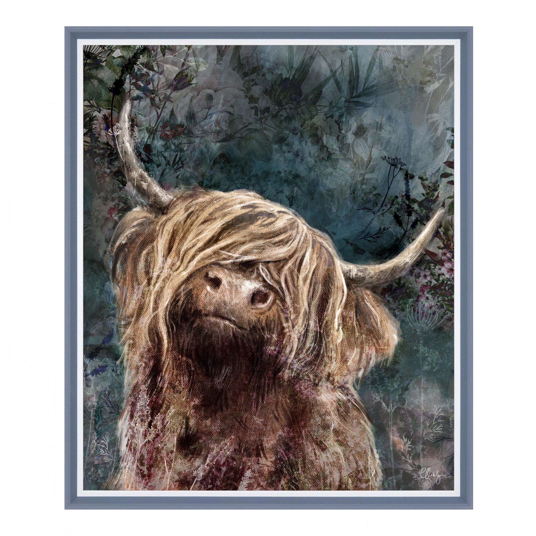 Framed canvas print of a red Highland cow with an impressionist blue background of foliage.