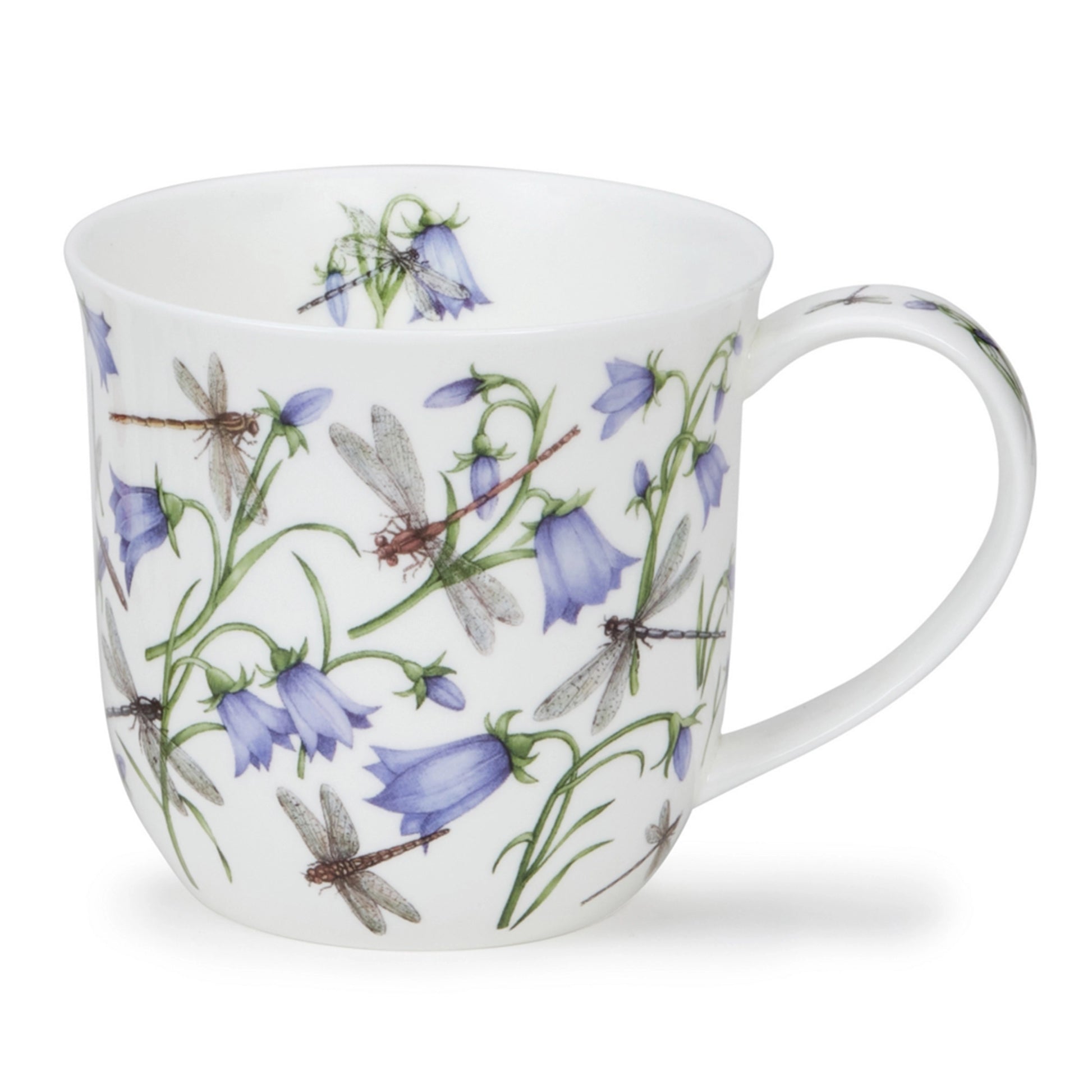 Curved top white bell shaped mug with a design of bluebells and dragonflies