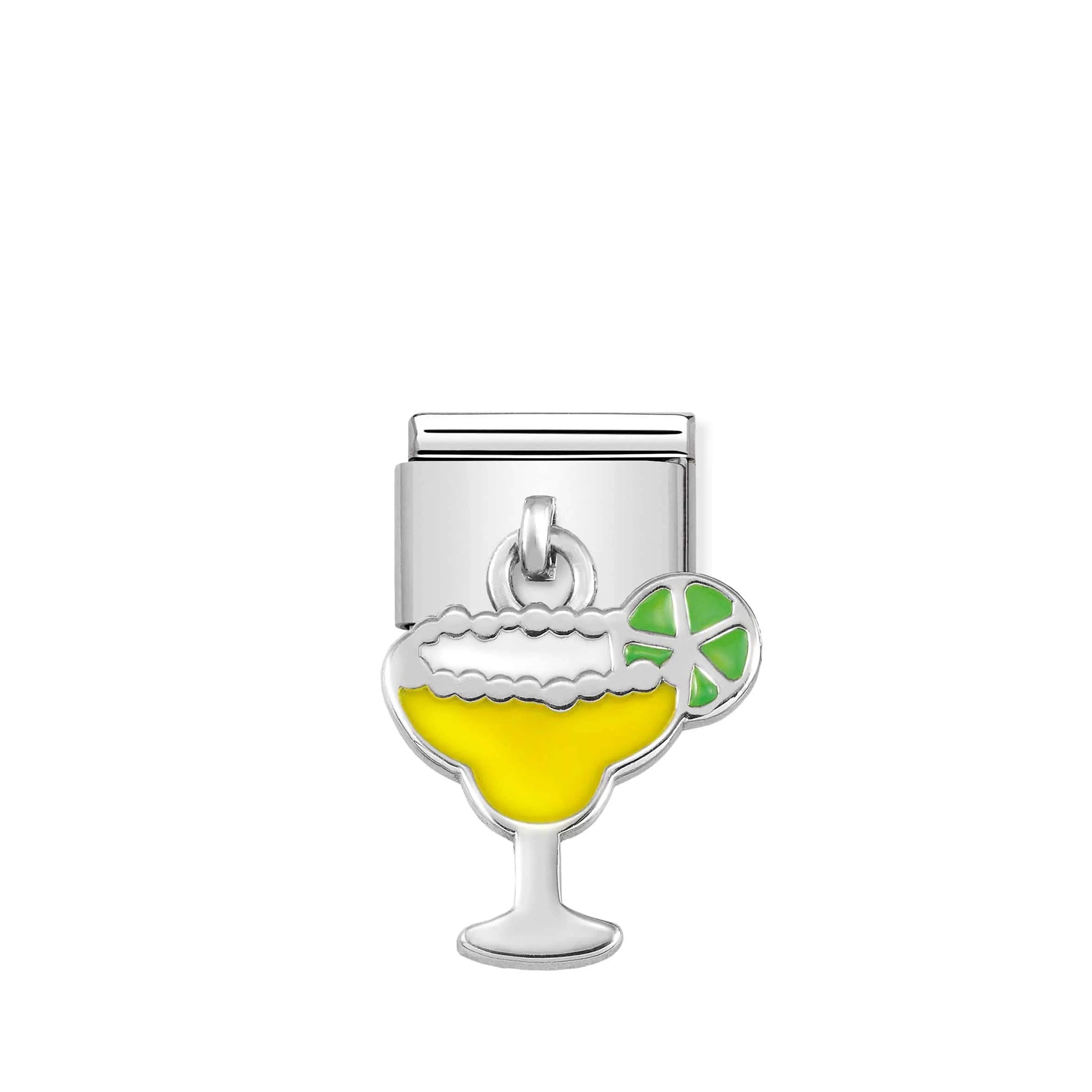 Nomination charm link featuring a silver drop of a cocktail glass with lime in yellow and green enamel