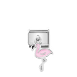 Nomination charm link featuring a drop silver flamingo with pink enamel