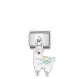 Nomination charm featuring a silver llama drop in white enamel with pink heart sunglasses
