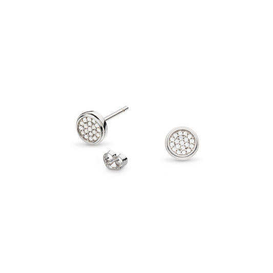 A simple pair of round silver earrings set with micro-pavé CZ stones