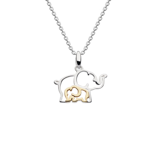 A silver open elephant pendant with a gold baby elephant detail on a silver chain