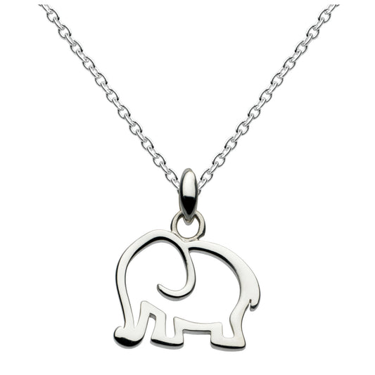 A silver pendant featuring an open frame elephant
