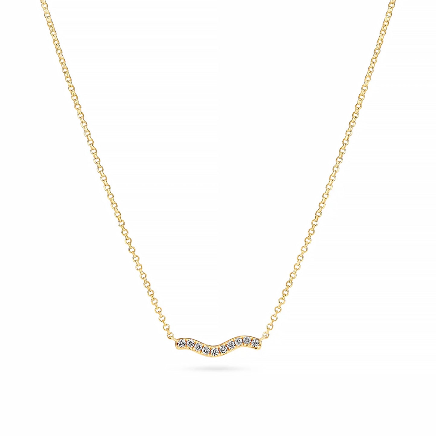 Gold chain necklace with simple wave shaped pendant and CZ stones