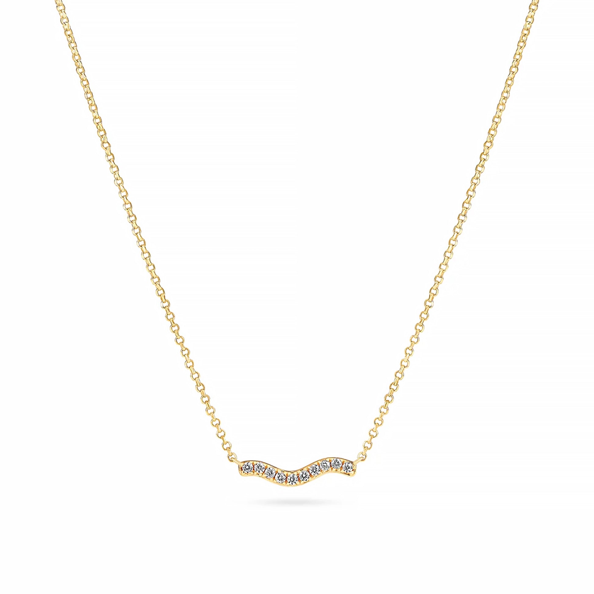 Gold chain necklace with simple wave shaped pendant and CZ stones