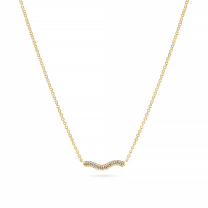 Gold chain necklace with simple wave shaped pendant and CZ stones