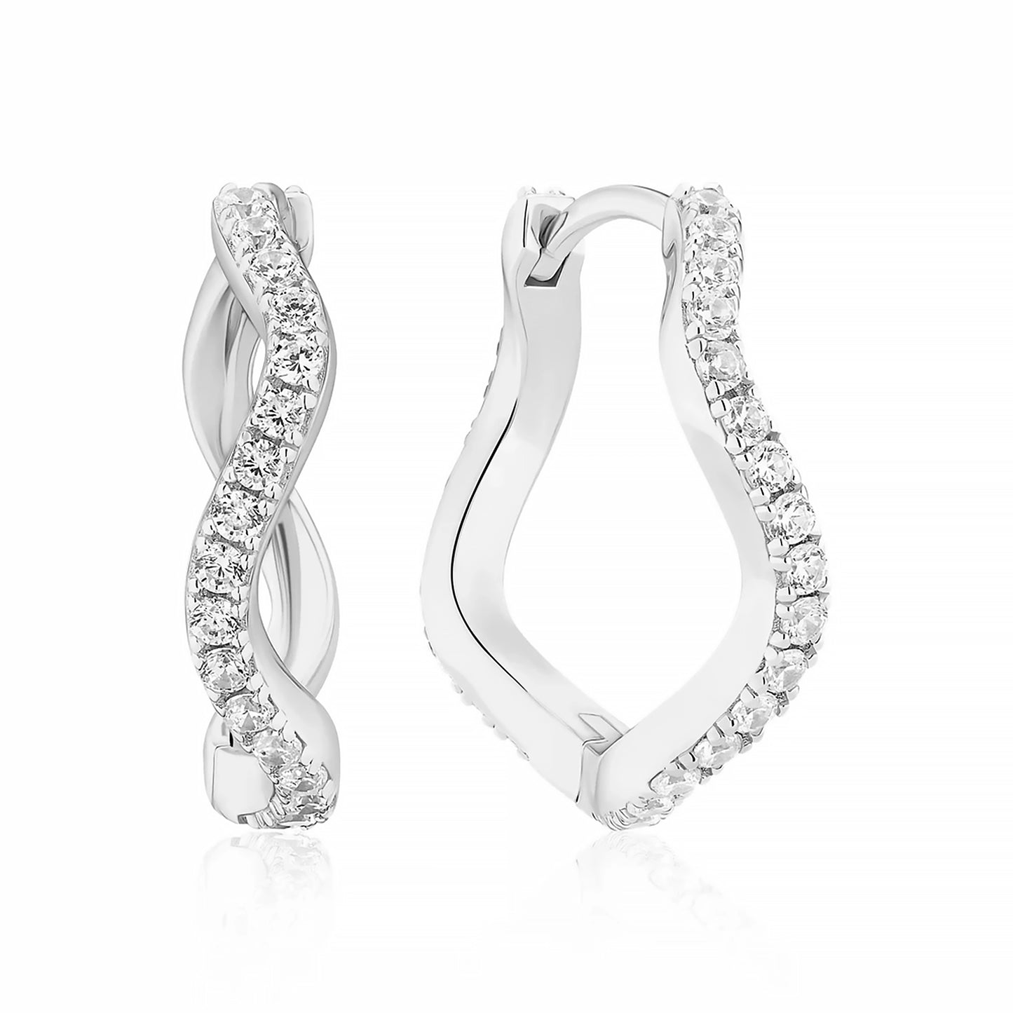 Wave shaped hoops in sterling silver with white CZ stones