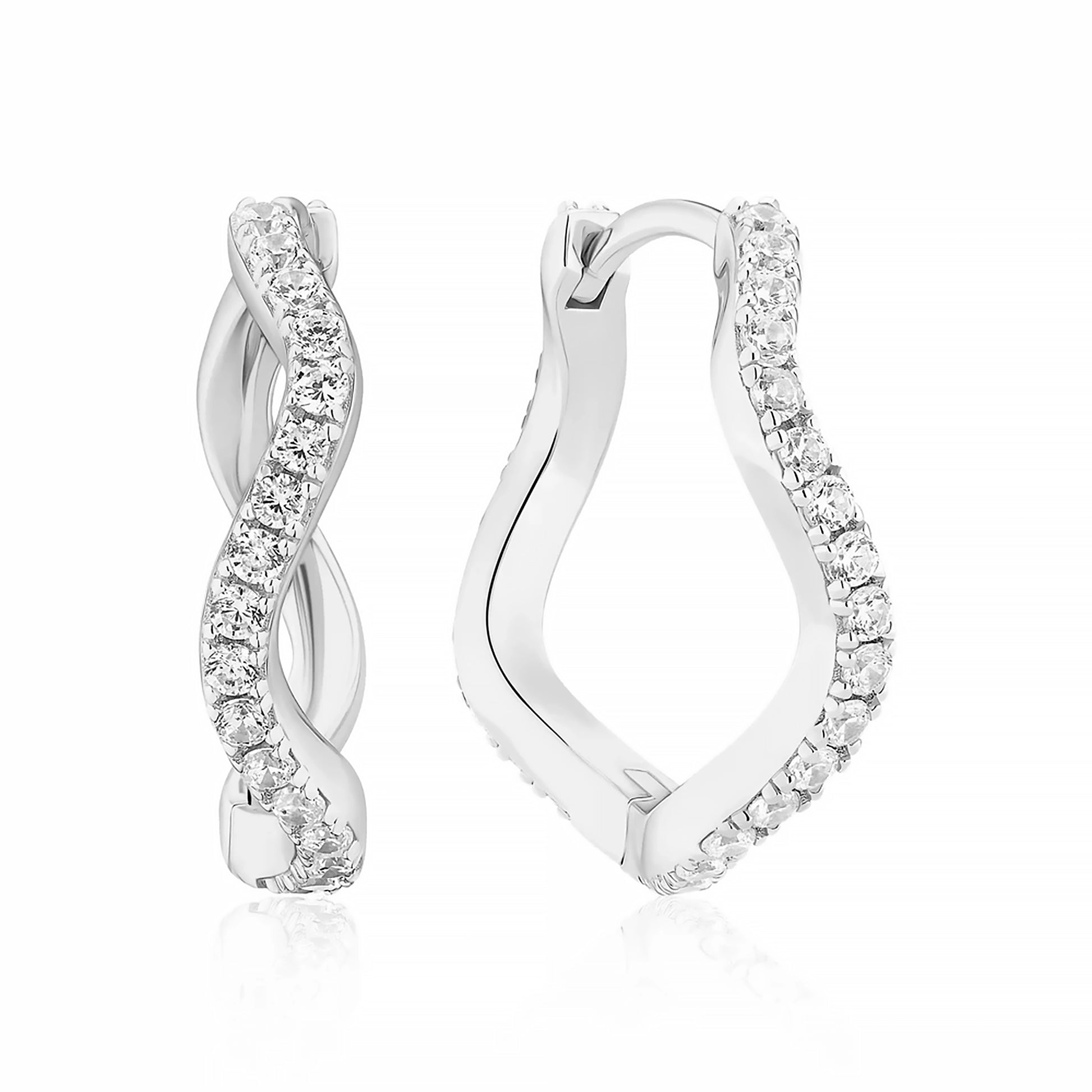 Wave shaped hoops in sterling silver with white CZ stones