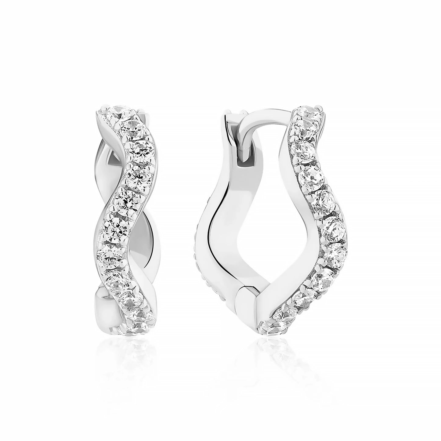 Wave shaped hoops in sterling silver with white CZ stones medium