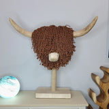 Natural jute brown fiber Highland cow sculpture on a stick stand