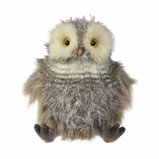 A stuffed owl plush toy with the Wrendale logo embroidered on the bottom of its foot