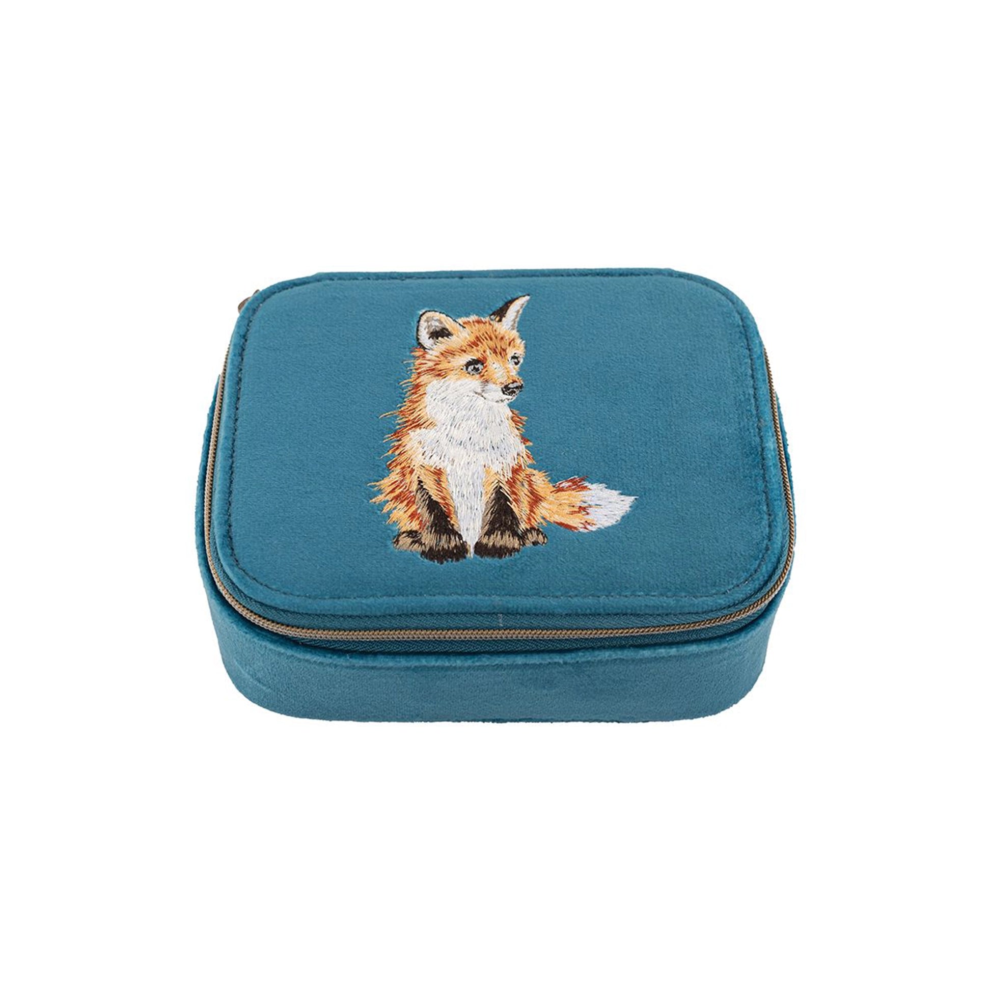 Blue faux suede zip accessory case with embroidered fox design