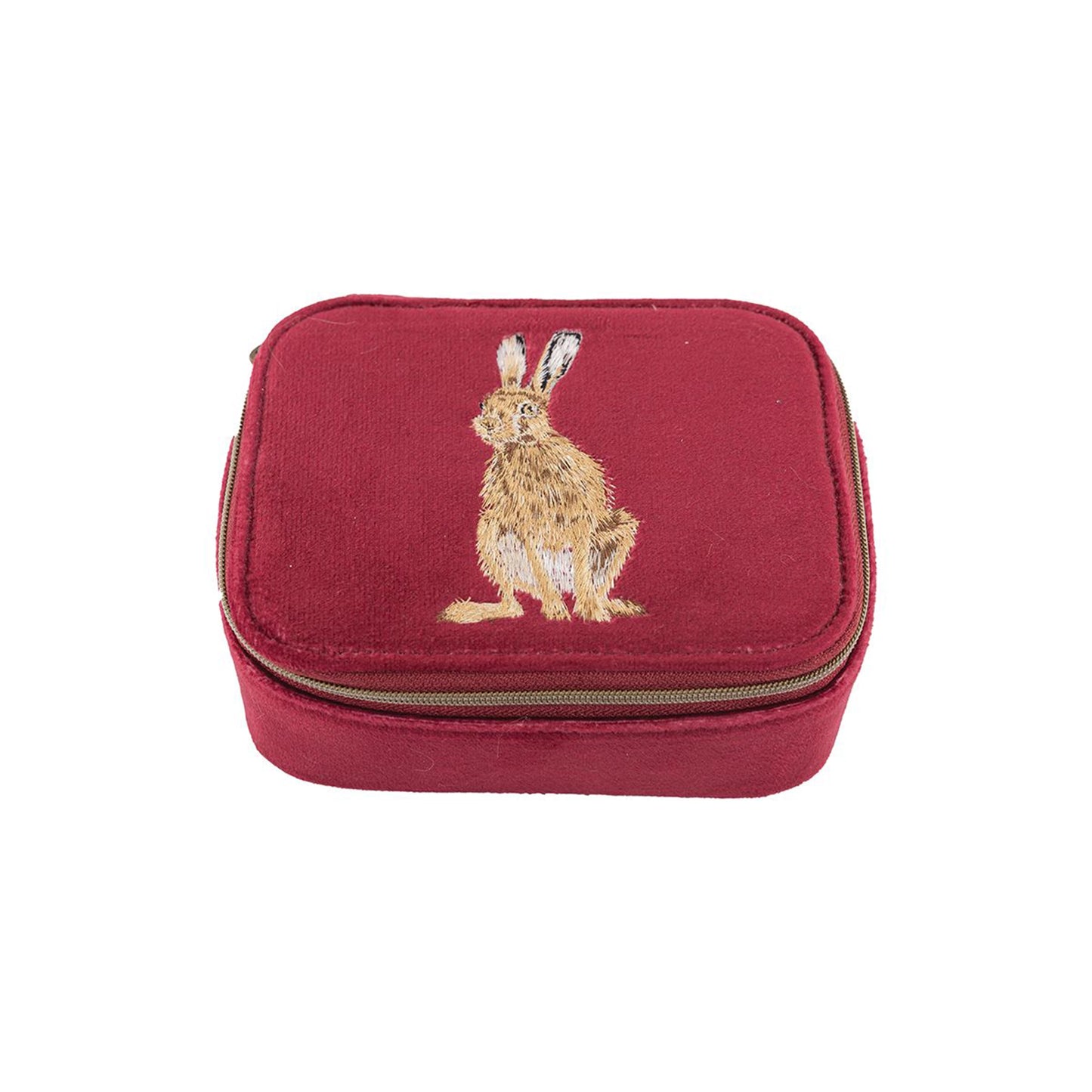 Red faux suede zip accessory case with embroidered Hare design