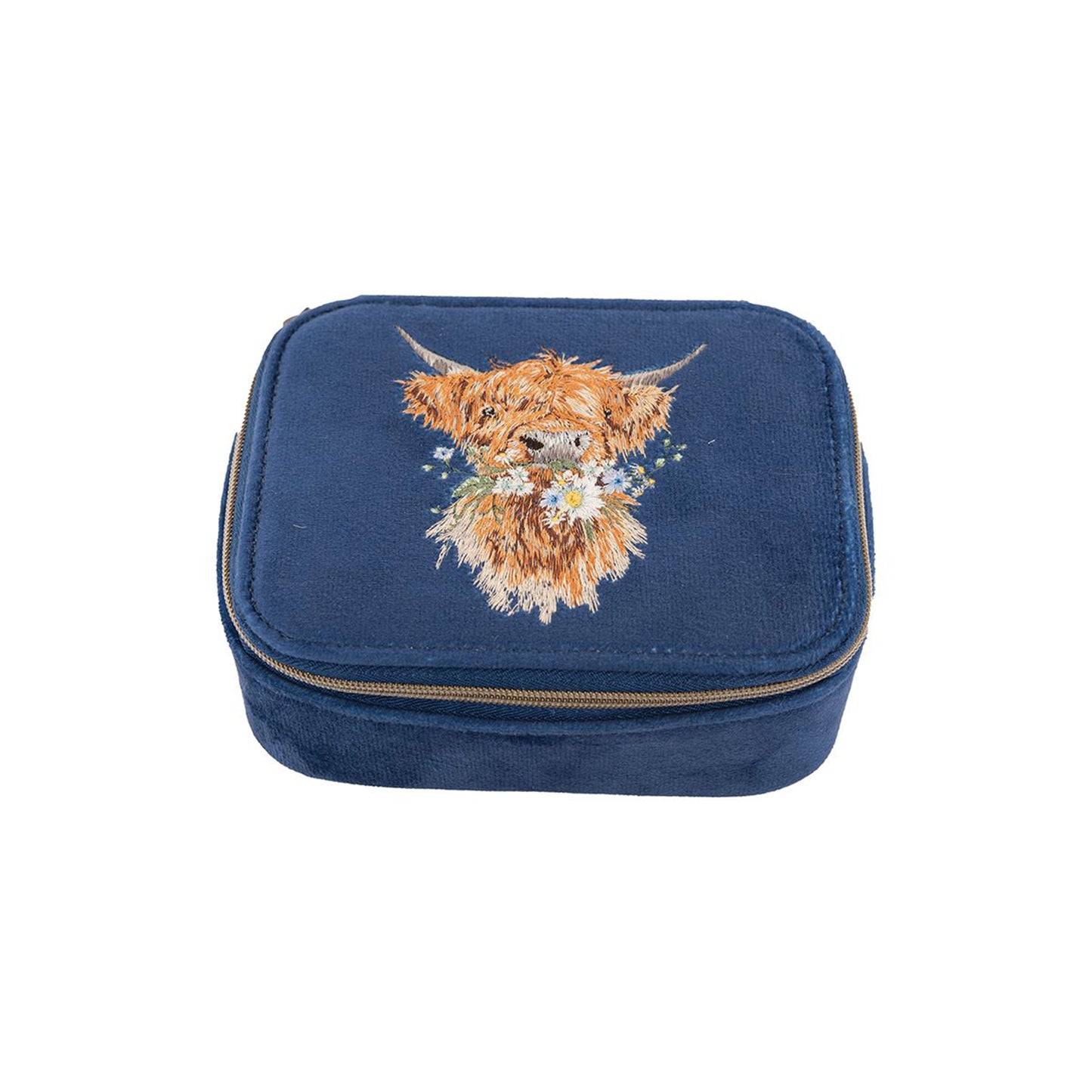 Navy blue faux suede zip accessory case with embroidered Highland cow design