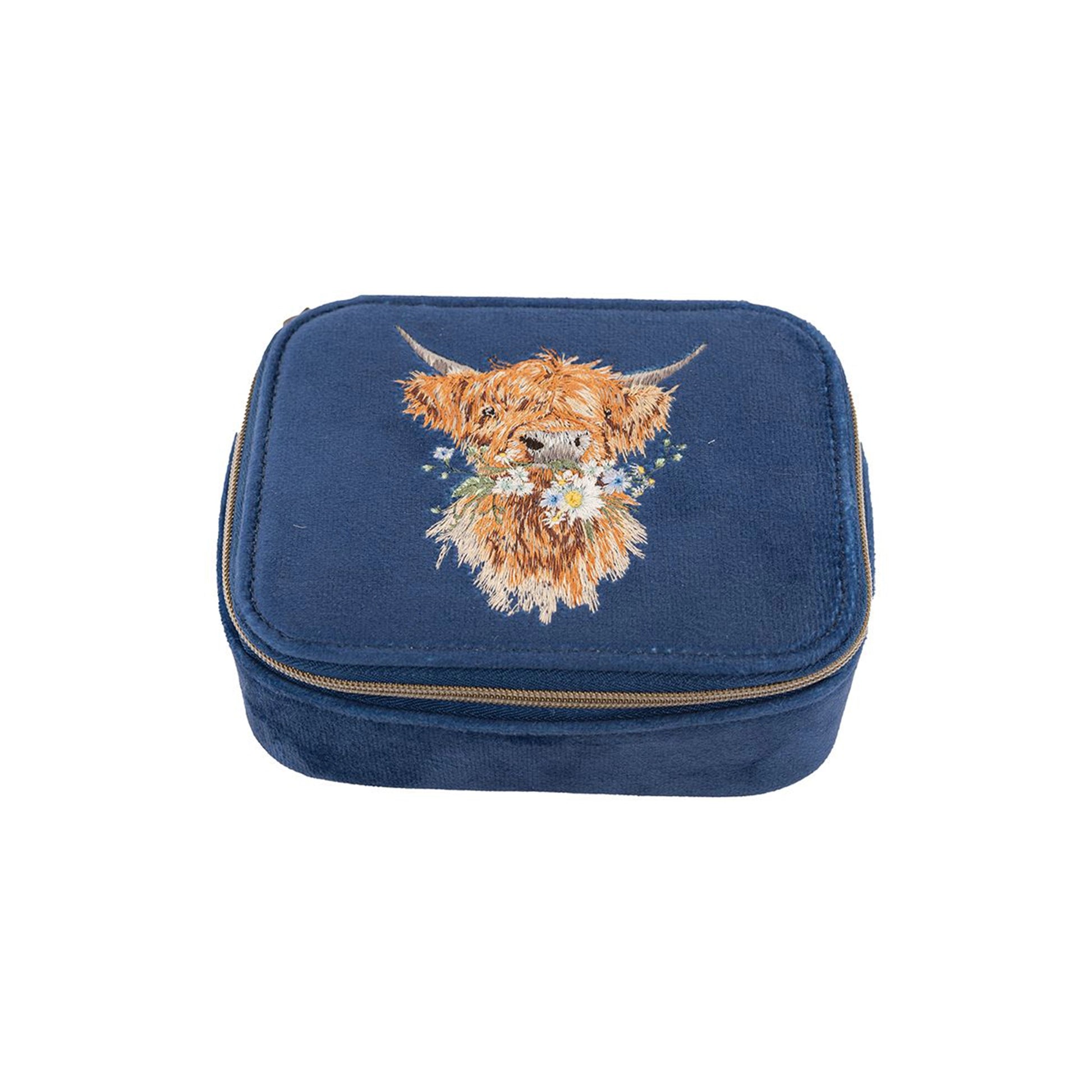 Navy blue faux suede zip accessory case with embroidered Highland cow design