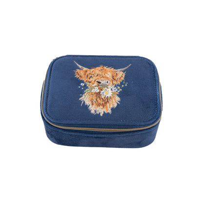 Navy blue faux suede zip accessory case with embroidered Highland cow design