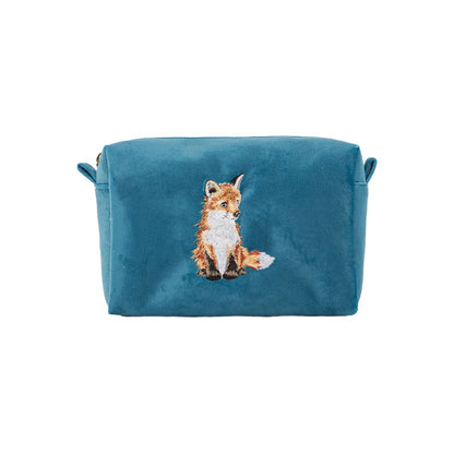 Blue make up bag with embroidered fox design and zip top