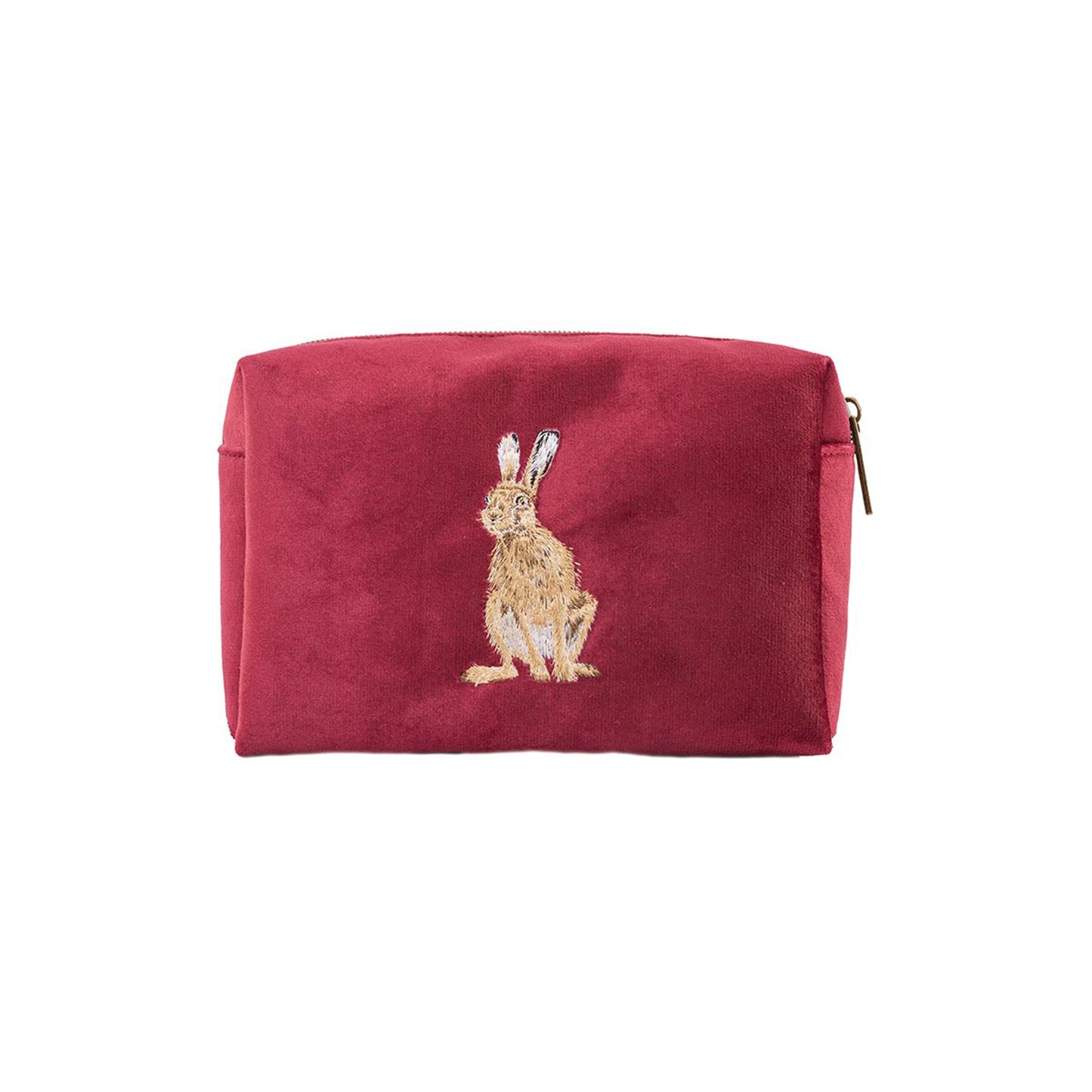 Red make up bag with embroidered hare design and zip top