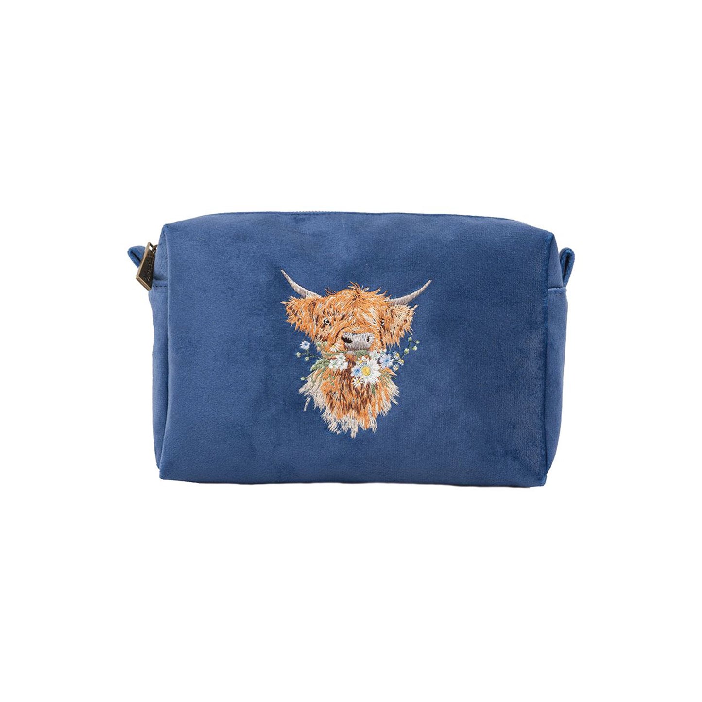 Navy blue make up bag with embroidered Highland cow design and zip top