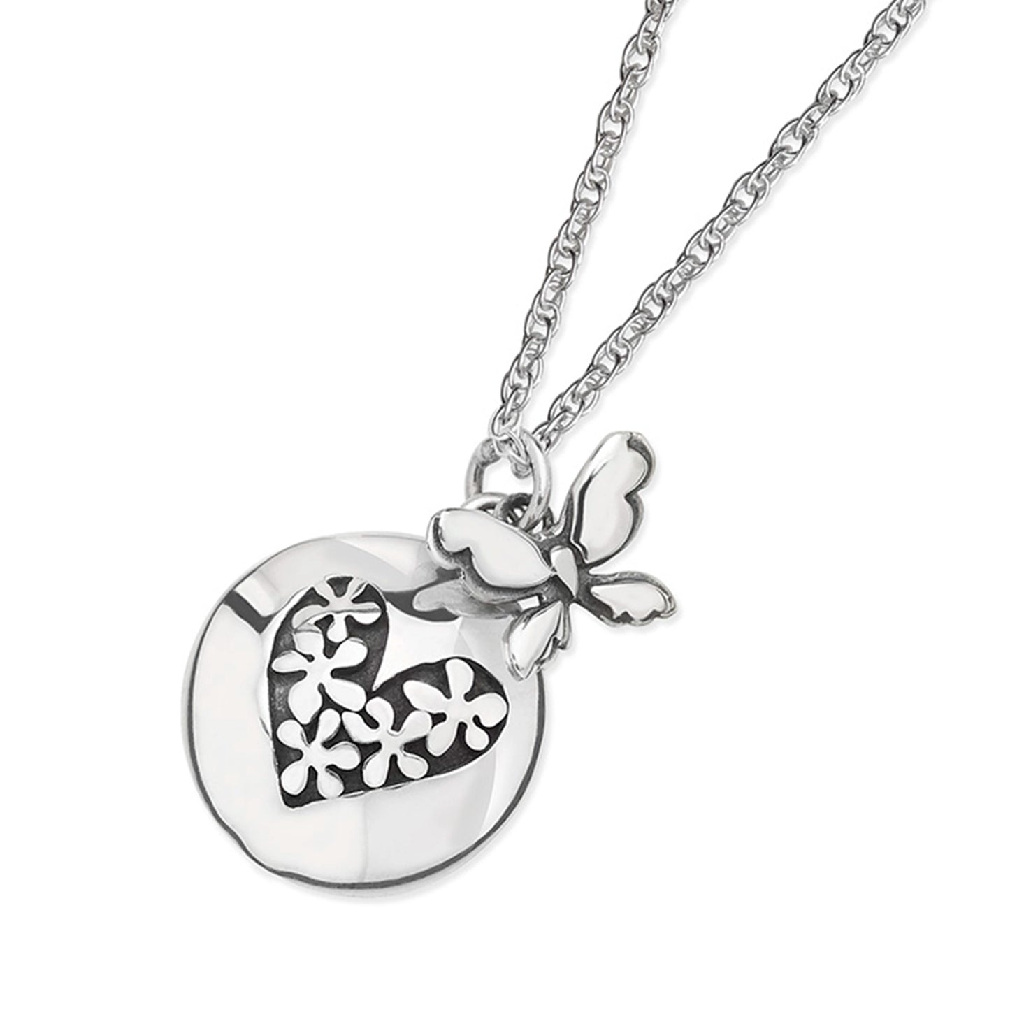 Silver pendant with butterfly and engraved heart on silver chain